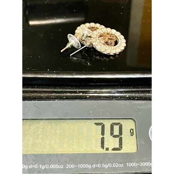 GUESS Women Rose Gold Tone Round Crystals LOGO Design Earrings- Dangle Drop Pair - Picture 8 of 8